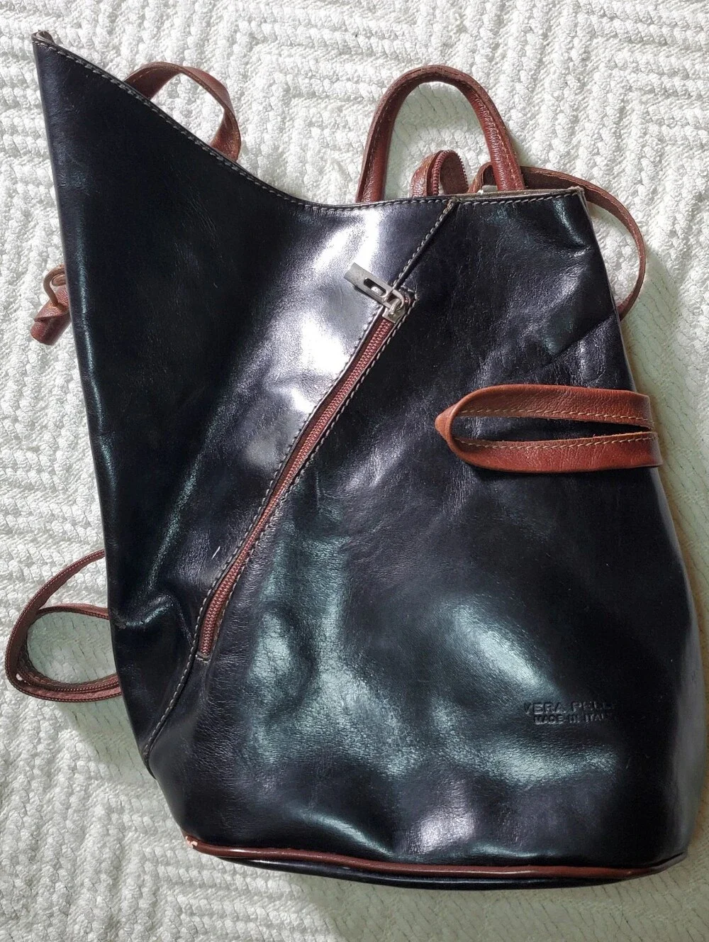 Italian Leather Backpack Purse Fiorella Black Tan Asymmetrical Made In Italy